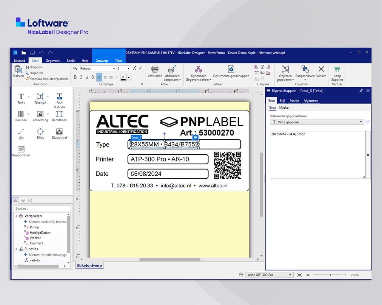 Ontwerpomgeving van NiceLabel 10 Designer Pro voor het maken en beheren van professionele labels met variabelen, barcodes en dynamische gegevens